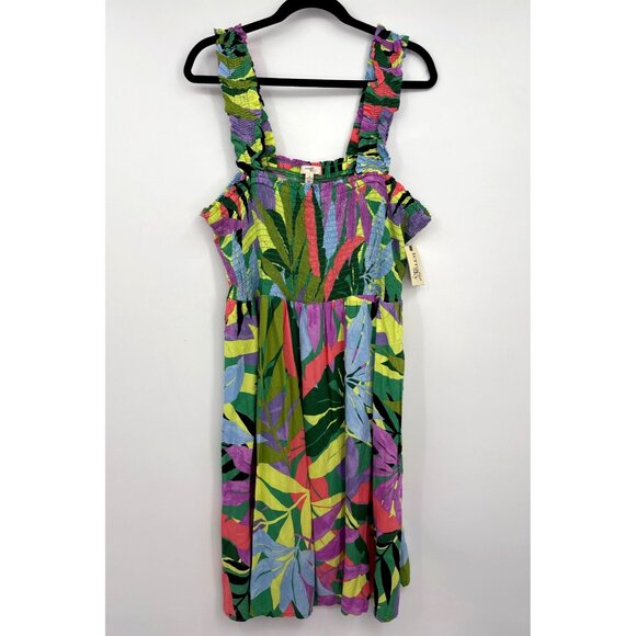 Terra & Sky Peasant Boho Smocked Tropical Floral Dress Green Multi Color 1X NEW - Picture 2 of 6